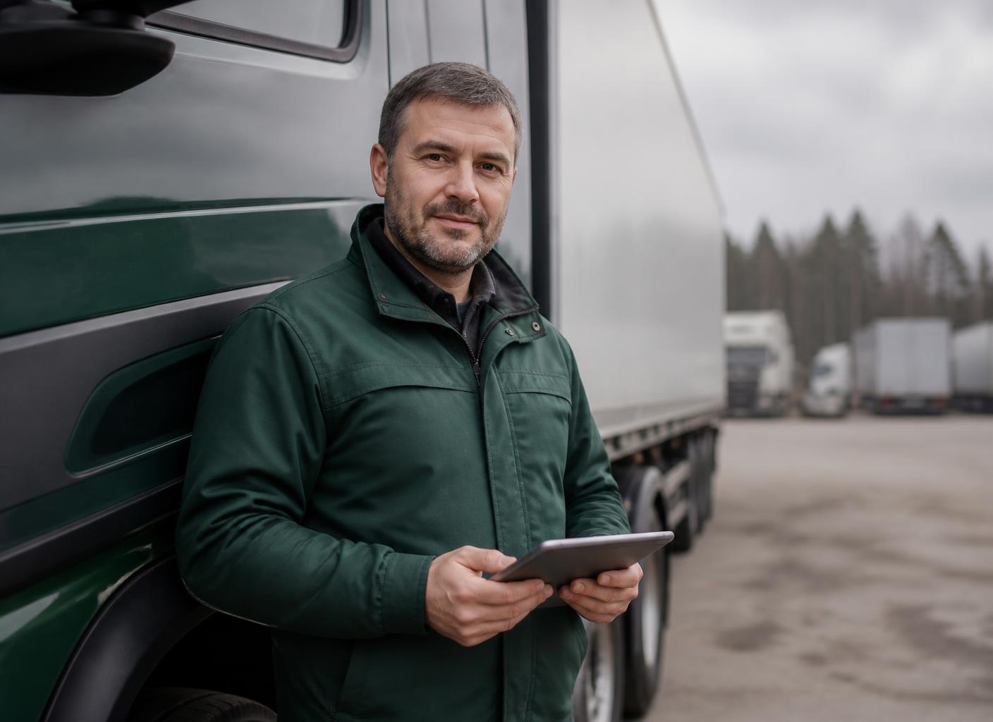 Northline driver in a green work jacket standing beside a modern semi truck holding a tablet