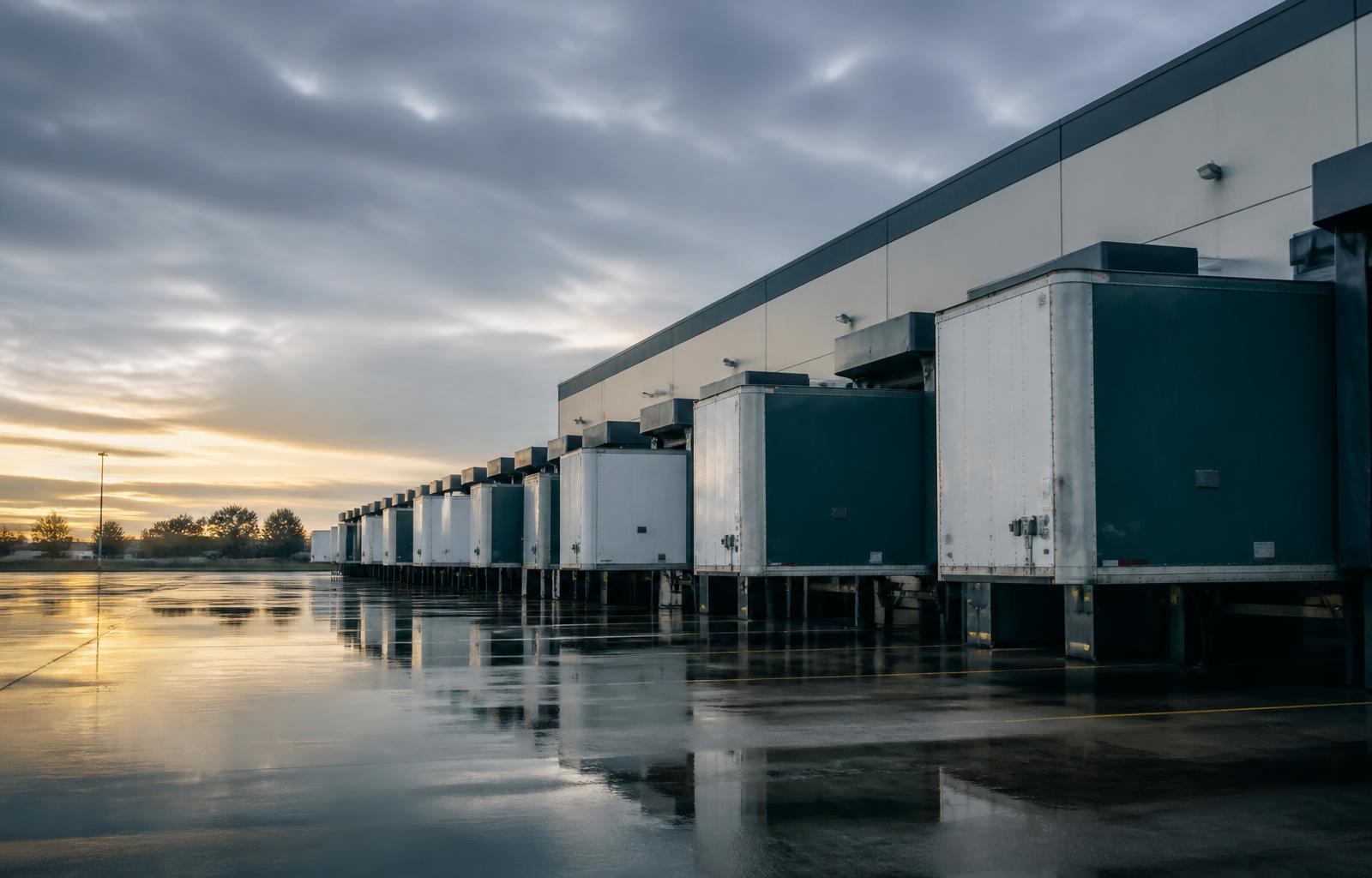 Row of clean white and deep green trailers backed into loading docks at a modern distribution yard at dawn